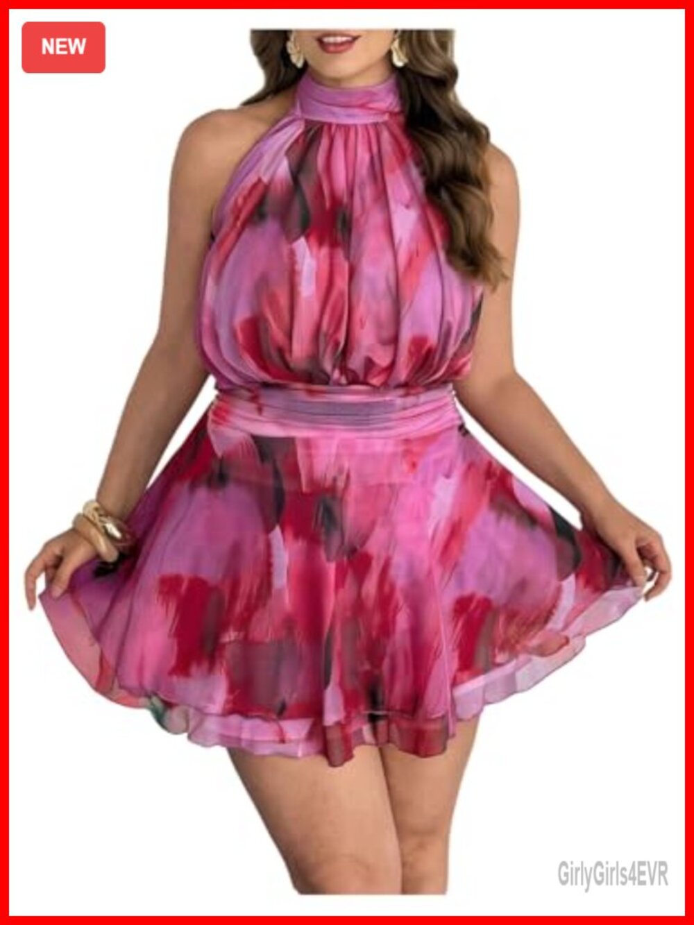 Plus Size Halter Neck Sleeveless Chiffon A Line Summer Dress